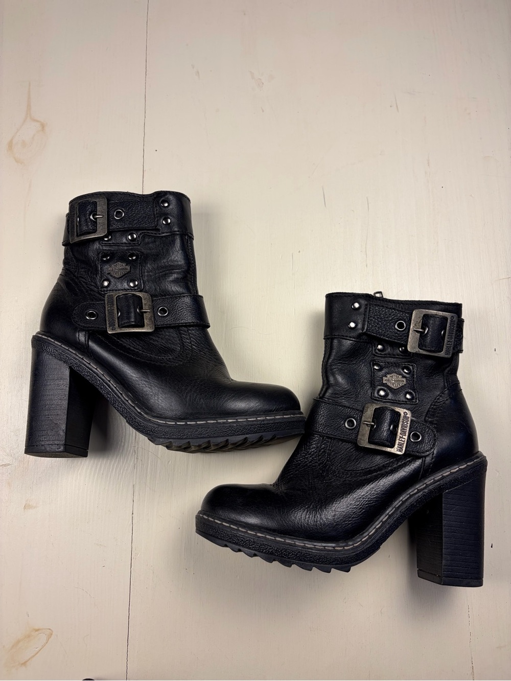 Harley-Davidson Black Leather Buckle Platform Ankle Boots